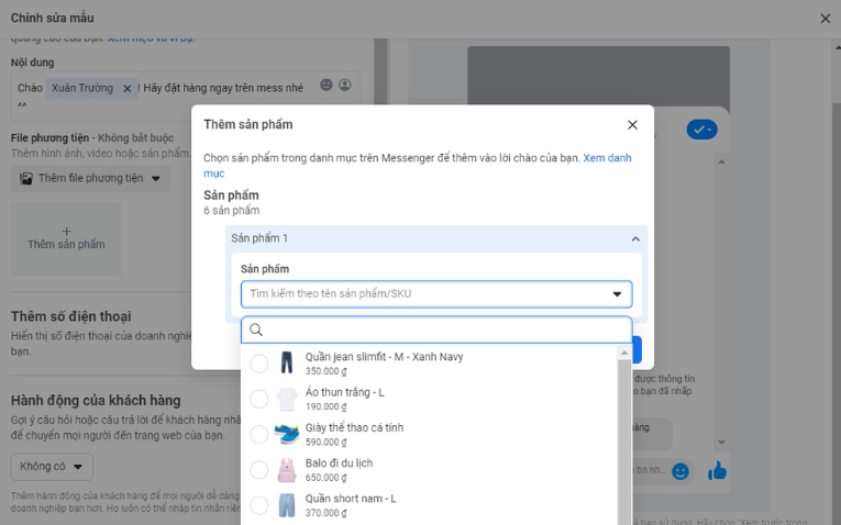 Bước 2: Thêm sản phẩm vào mẫu tin nhắn