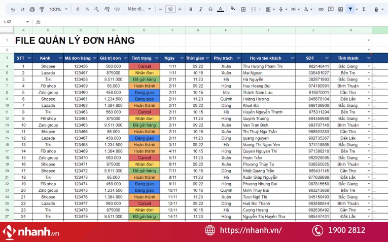 File Excel Quản Lý Đơn Hàng