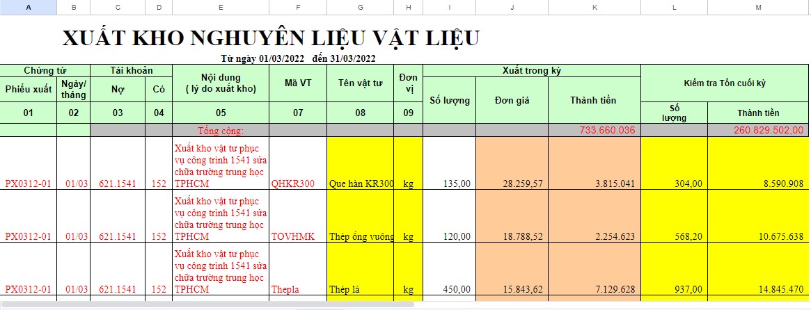 Điền thông tin ở sheet Xuất