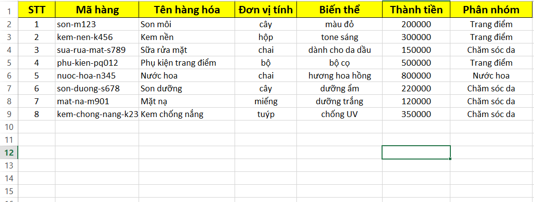 File Excel Quản Lý Danh Mục Sản Phẩm