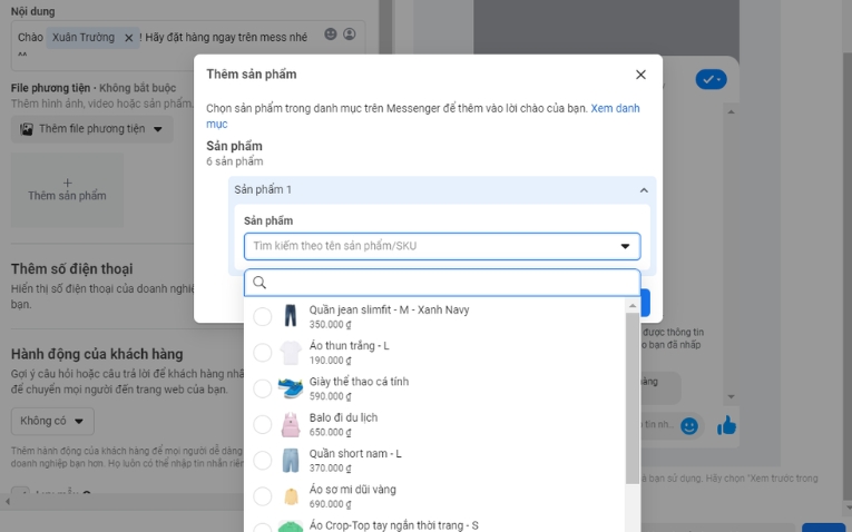 Bước 2: Thêm sản phẩm vào mẫu tin nhắn