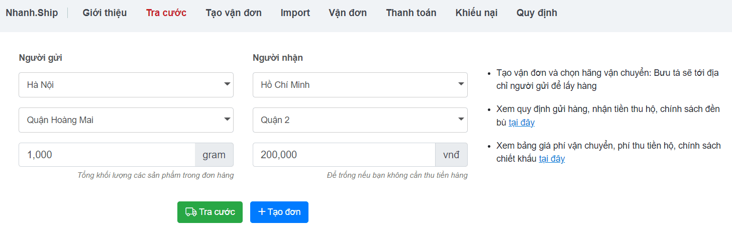 Điền thông tin đơn hàng để tra cước phí.