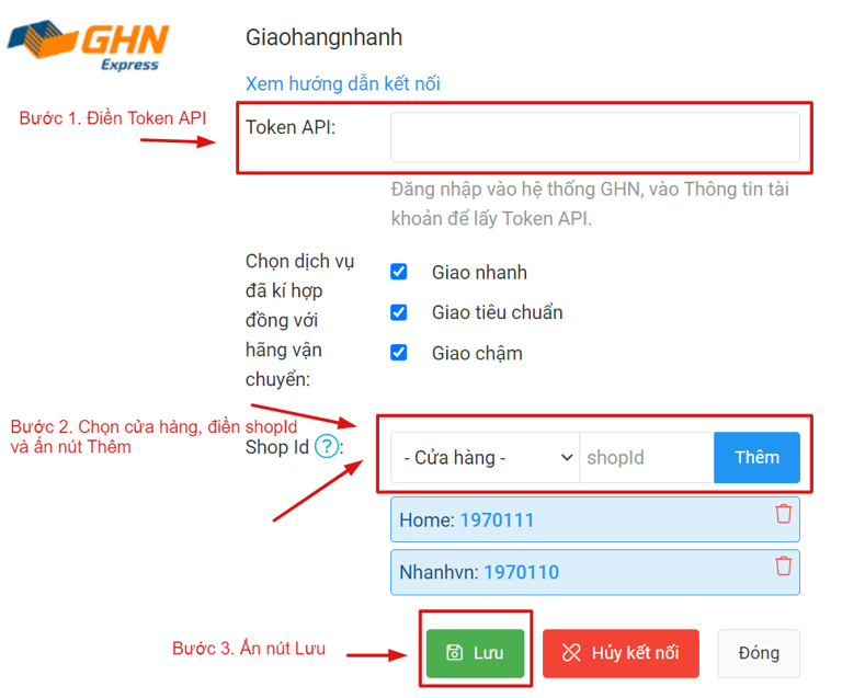 Ghép shopId của GHN với Nhanh.vn