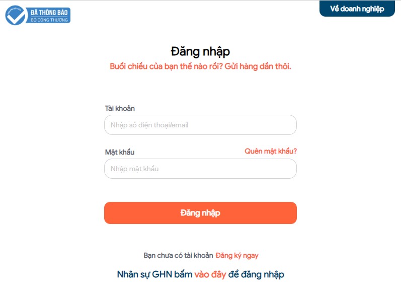 Đăng nhập hoặc đăng ký tài khoản GHN.