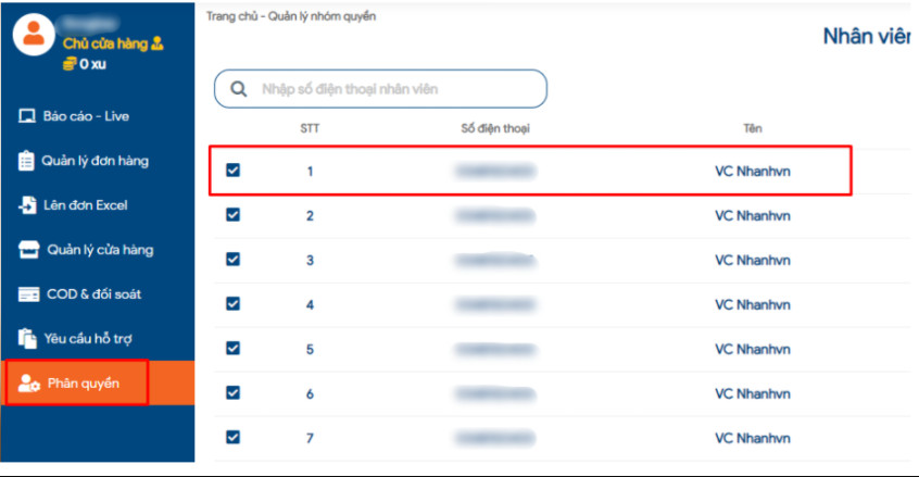 Shop có thể vào tài khoản GHN để phân quyền tài khoản của Nhanh theo số điện thoại 0348150400