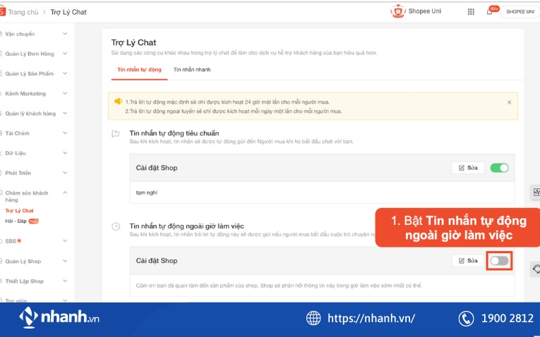 Bước 1: Kích hoạt tin nhắn tự động ngoài giờ làm việc