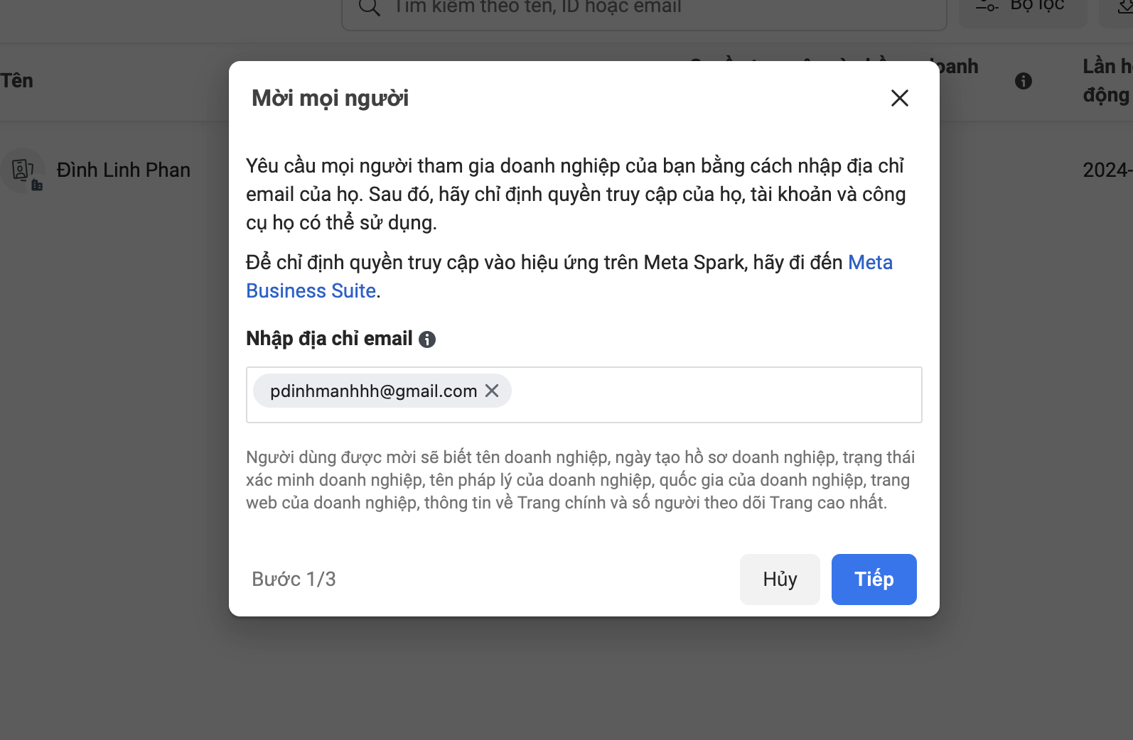 Nhập địa chỉ gmail người bạn muốn mời