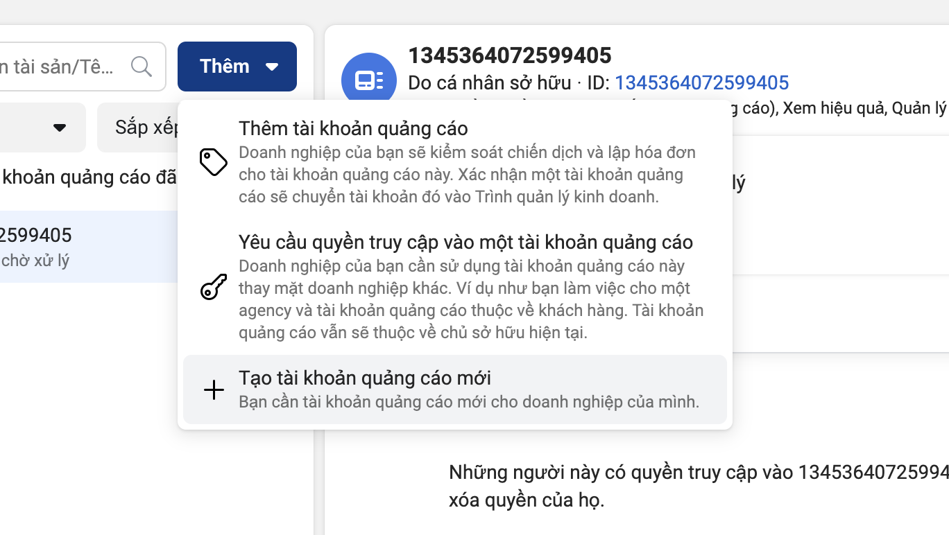 Chọn Tạo tài khoản quảng cáo mới.