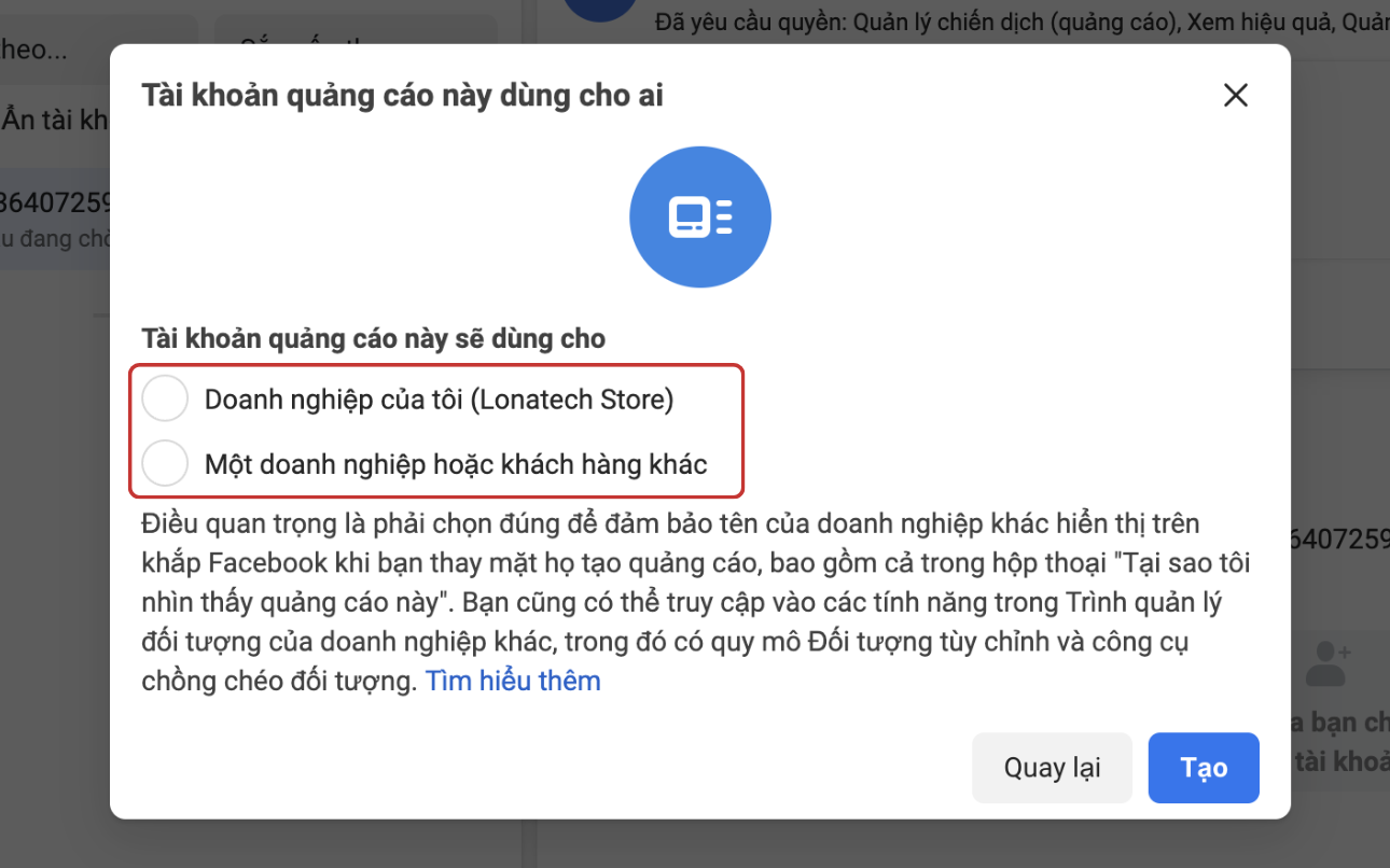 Chọn tài khoản quảng cáo dùng cho ai