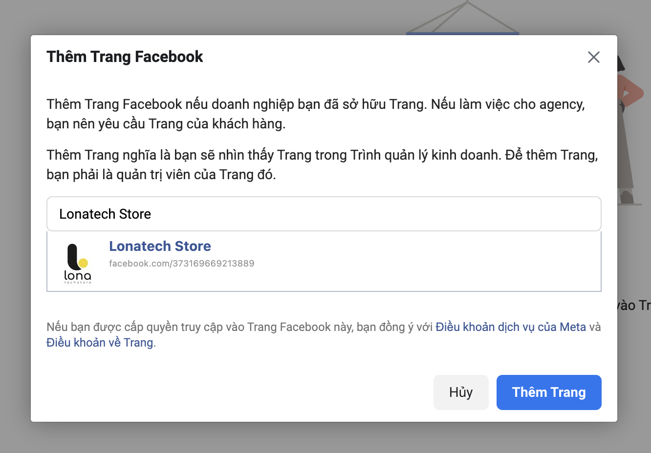 Nhập tên hoặc URL của Trang Facebook.