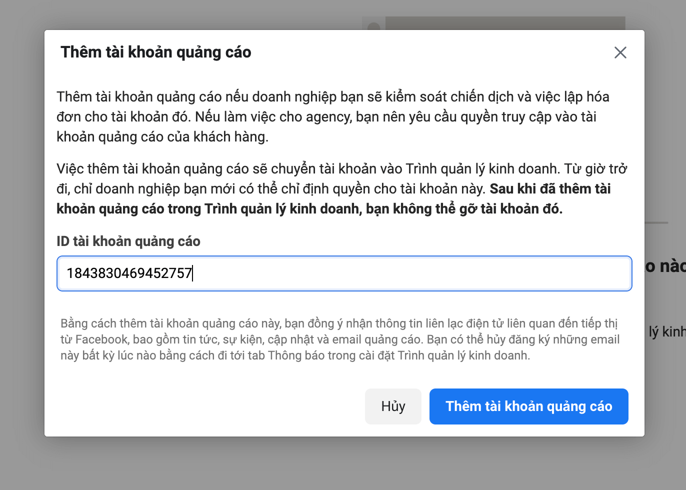 Nhập ID tài khoản quảng cáo