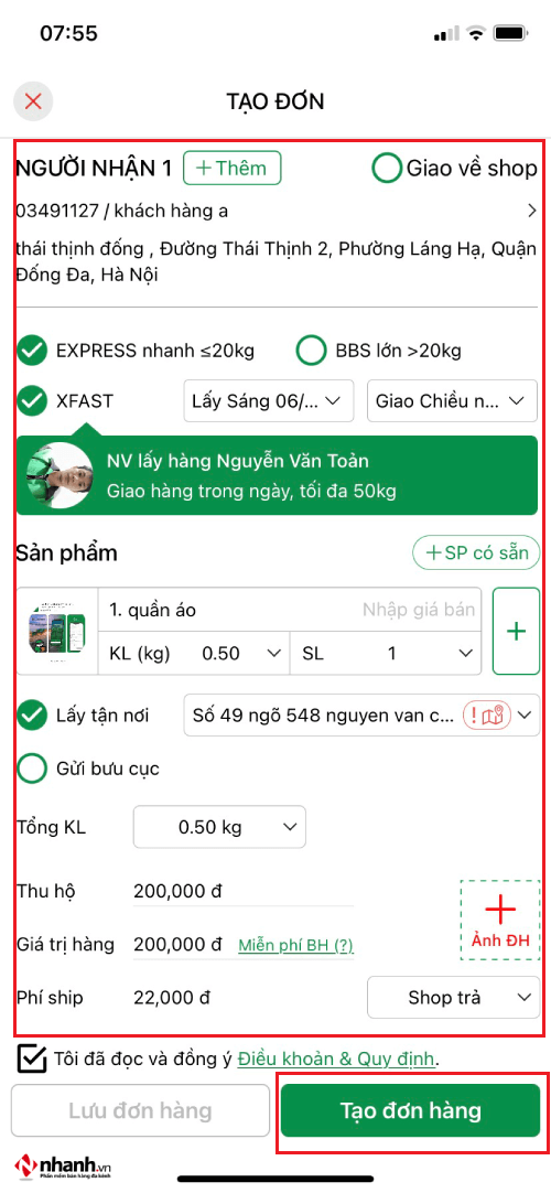 Điền đầy đủ thông tin và nhấn “Tạo đơn hàng”
