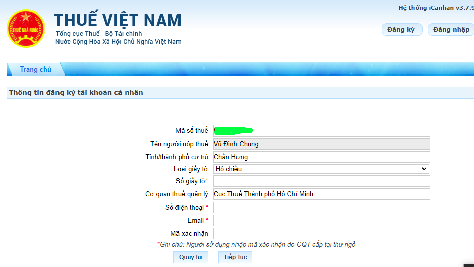 Điền thông tin đăng ký tài khoản nộp thuế chính xác