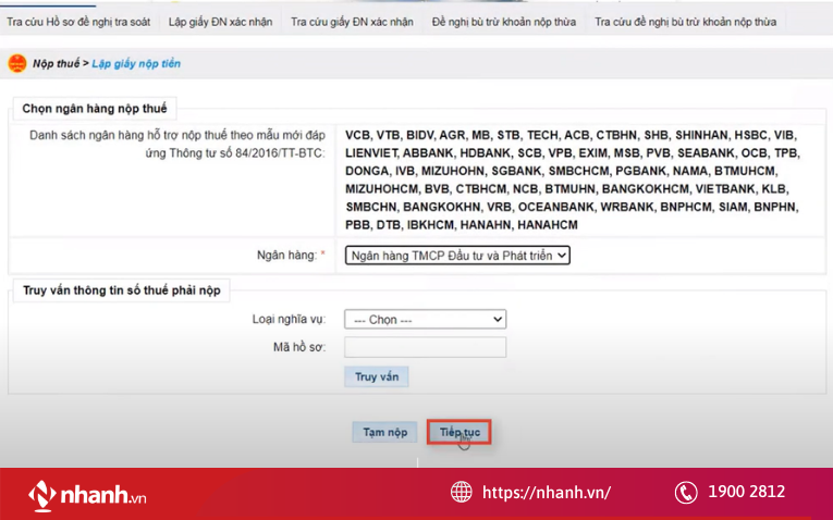"Chọn khoản nộp" và nhấn "Tiếp tục".