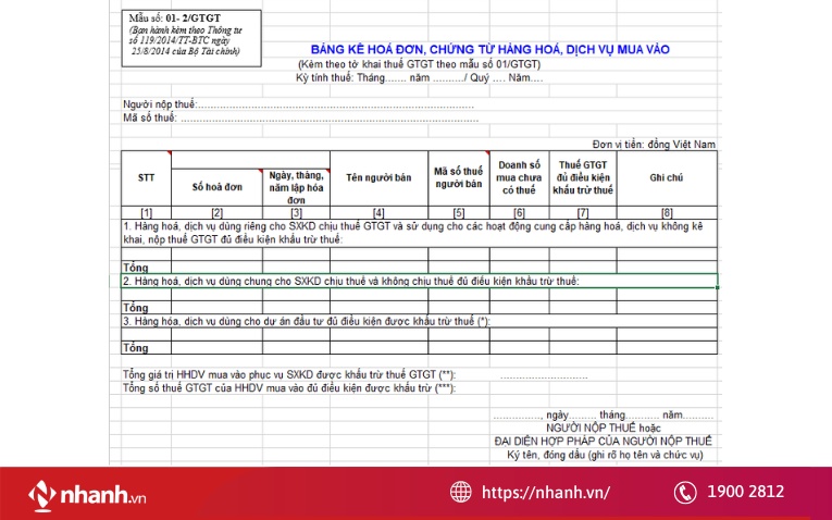 Mẫu bảng kê hóa đơn mua vào 01-2/GTGT