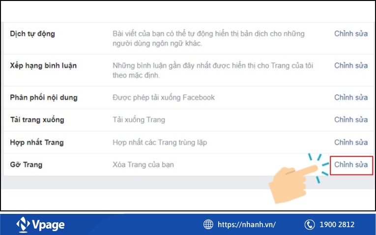 Chọn gỡ trang để xóa Fanpage