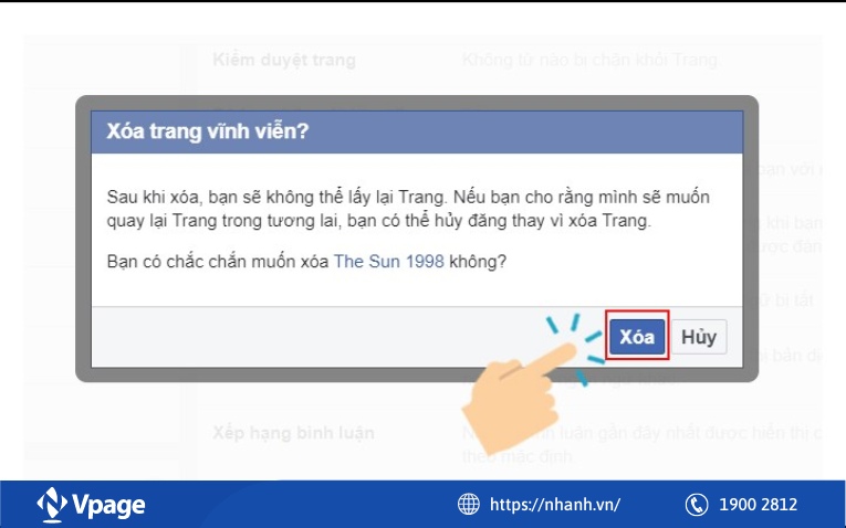 Xác nhận xóa trang Fanpage