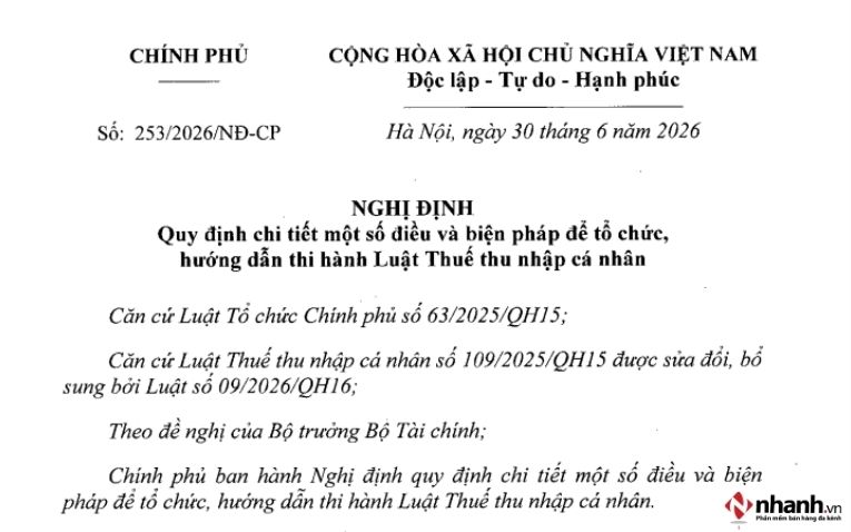 Toàn văn Nghị định 253/2026/NĐ-CP hướng dẫn Luật Thuế thu nhập cá nhân 2025