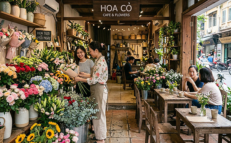 Mô hình quán cafe kết hợp tiệm hoa tươi lãng mạn