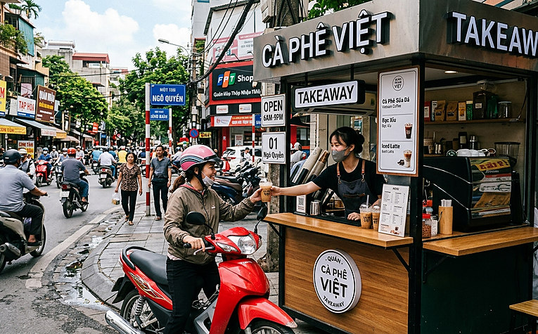Mô hình quầy cafe mang đi take away nhỏ gọn tiện lợi