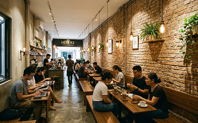 Mô hình thiết kế quán cafe nhà ống dài và hẹp tối ưu diện tích
