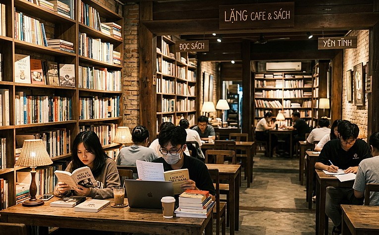 Mô hình quán cafe sách yên tĩnh cho người đọc sách và làm việc