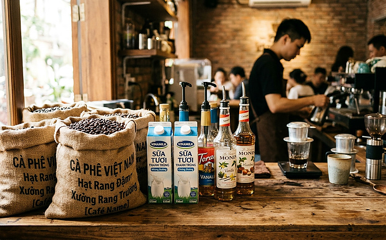 Chi phí nguyên vật liệu pha chế cà phê, hạt cafe, sữa, siro