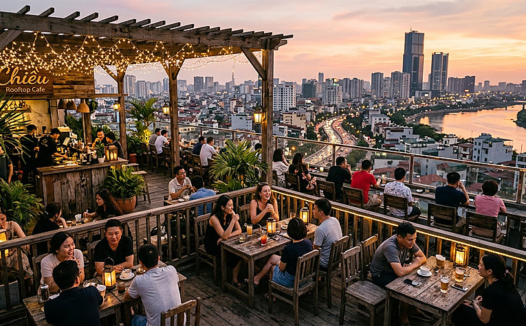 Mô hình quán cafe sân thượng rooftop view ngắm thành phố
