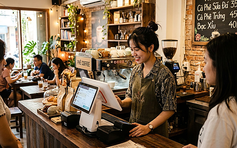 Nhân viên quầy pha chế quán cafe thao tác gọi món và tính tiền trên máy POS
