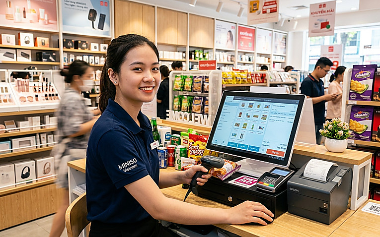 Nhân viên thu ngân sử dụng phần mềm tính tiền trên máy tính tại quầy thu ngân bán lẻ