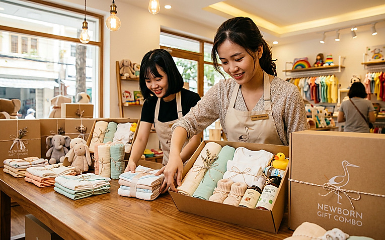 Nhân viên cửa hàng đóng gói và quản lý combo bộ quà tặng sơ sinh