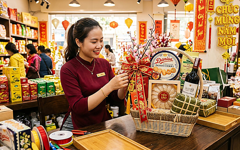 Đóng gói giỏ quà Tết sang trọng kèm phụ kiện nơ thiệp trang trí