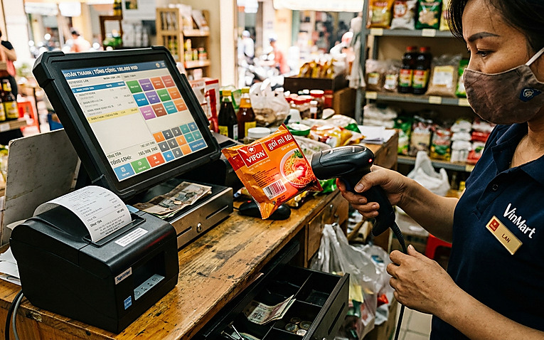 Bộ thiết bị bán hàng đồng bộ gồm máy tính tiền POS, máy in hóa đơn và máy quét mã vạch