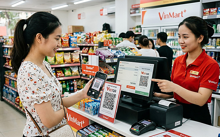 Khách hàng thanh toán nhanh chóng qua mã QR tại quầy thu ngân cửa hàng