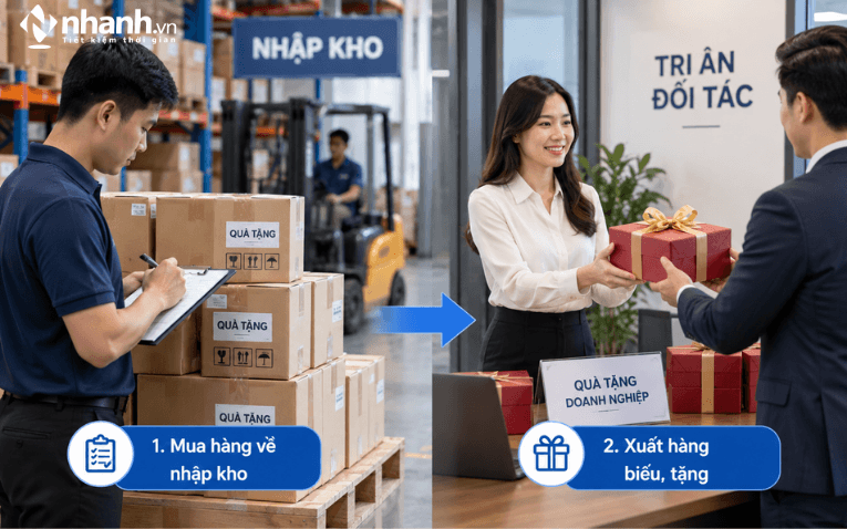 Mua hàng về nhập kho rồi mới xuất biếu tặng