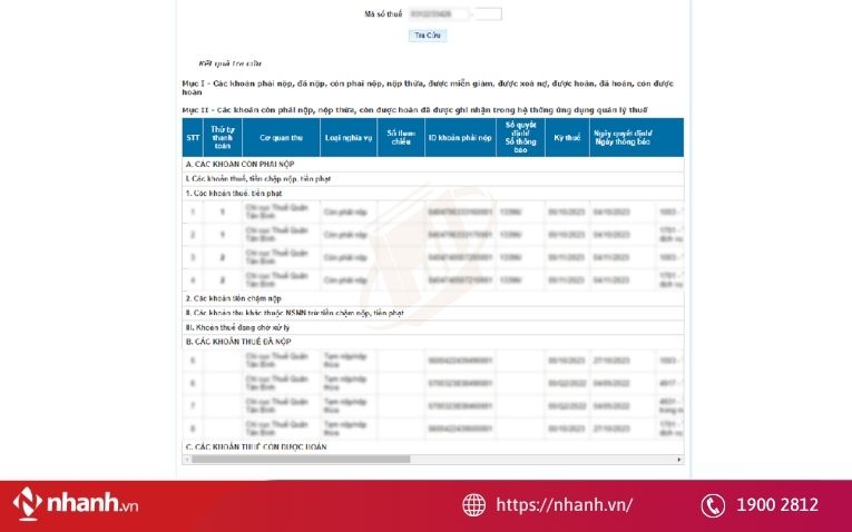 Cách đọc kết quả tra cứu nợ thuế hộ kinh doanh
