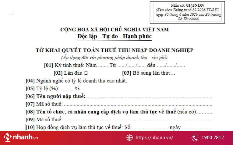 Mẫu 03/TNDN tờ khai quyết toán thuế theo Thông tư 89/2026/TT-BTC