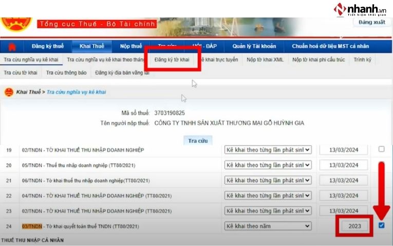 Chọn tờ khai quyết toán thuế TNDN