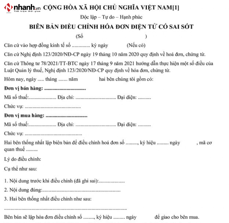 Mẫu biên bản điều chỉnh hóa đơn sai mã số thuế