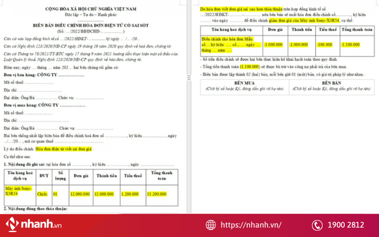 Mẫu biên bản điều chỉnh hóa đơn điện tử sai đơn giá