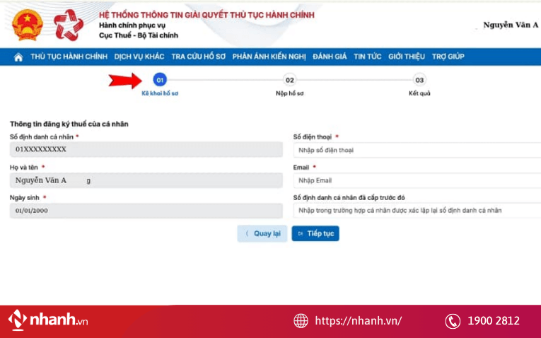 Nhập các trường thông tin