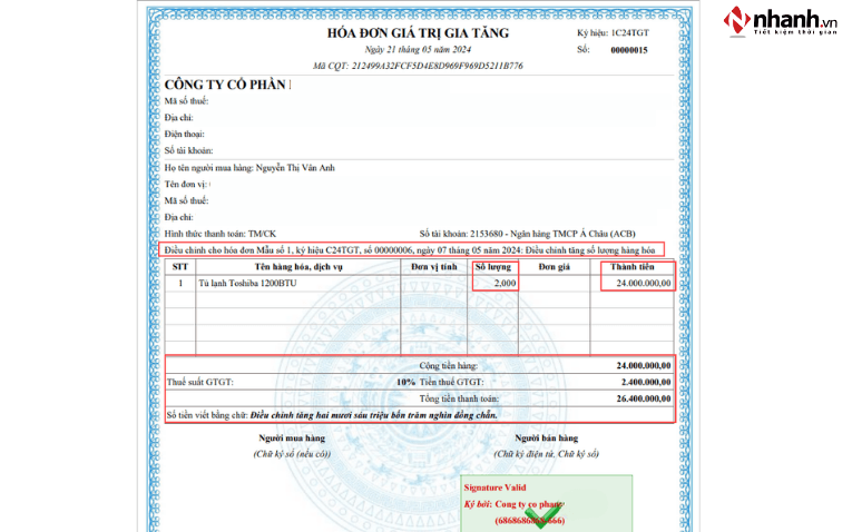 Hóa đơn điều chỉnh tăng, giảm kê khai vào kỳ tính thuế phát sinh hóa đơn
