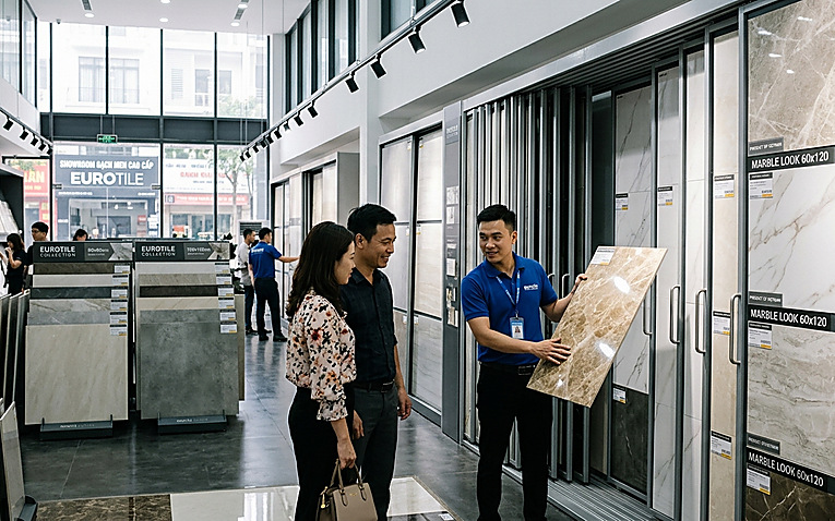 Không gian showroom trưng bày gạch ốp lát hiện đại