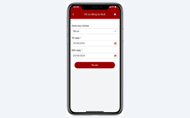 Màn hình chức năng Hồ sơ đăng ký thuế trên ứng dụng eTax Mobile