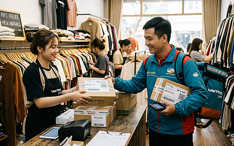 Bưu tá Viettel Post nhận hàng bưu kiện tại cửa hàng