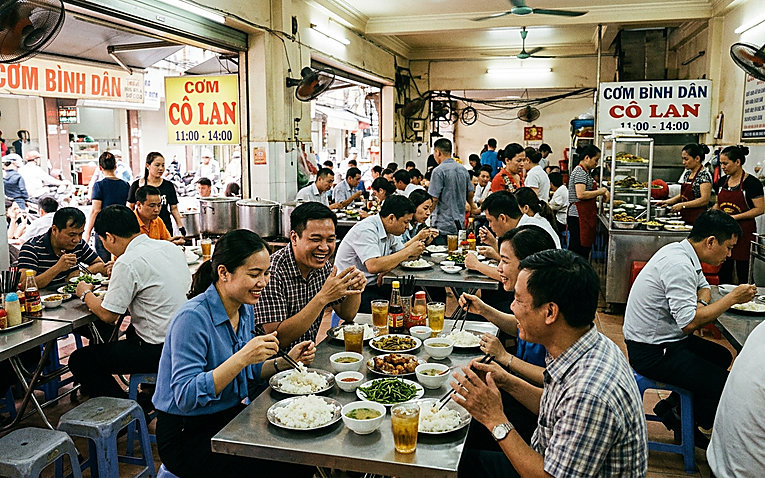 Không khí khách dùng bữa trưa đông đúc tại quán cơm