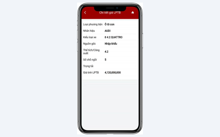 Kết quả hiển thị giá tính lệ phí trước bạ của phương tiện trên eTax Mobile