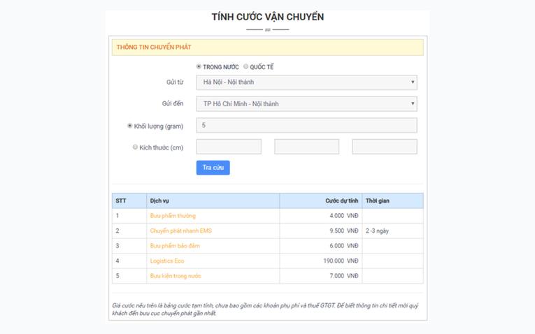 Tra cứu cước trên trang web