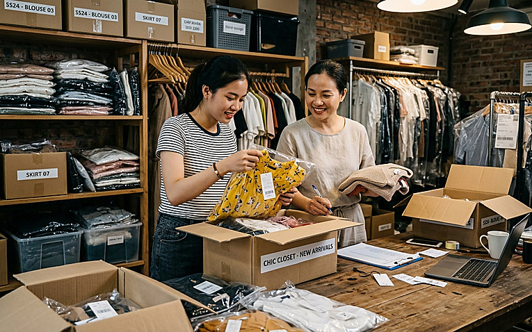 Chủ shop kiểm tra kiện hàng thời trang vừa nhập về