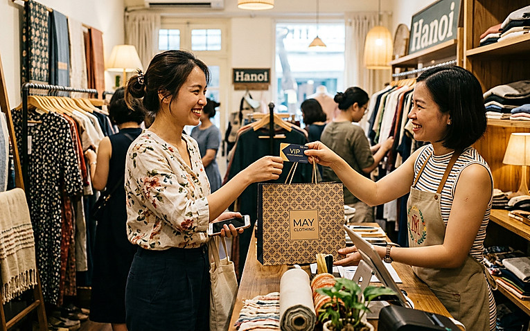 Khách hàng thân thiết vui vẻ mua sắm lại tại shop thời trang